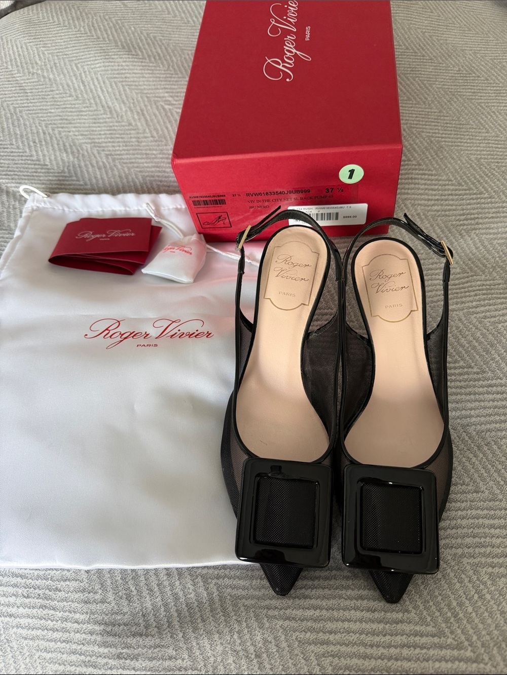 Roger Vivier Black Mesh Slingback Pumps with Patent Buckle